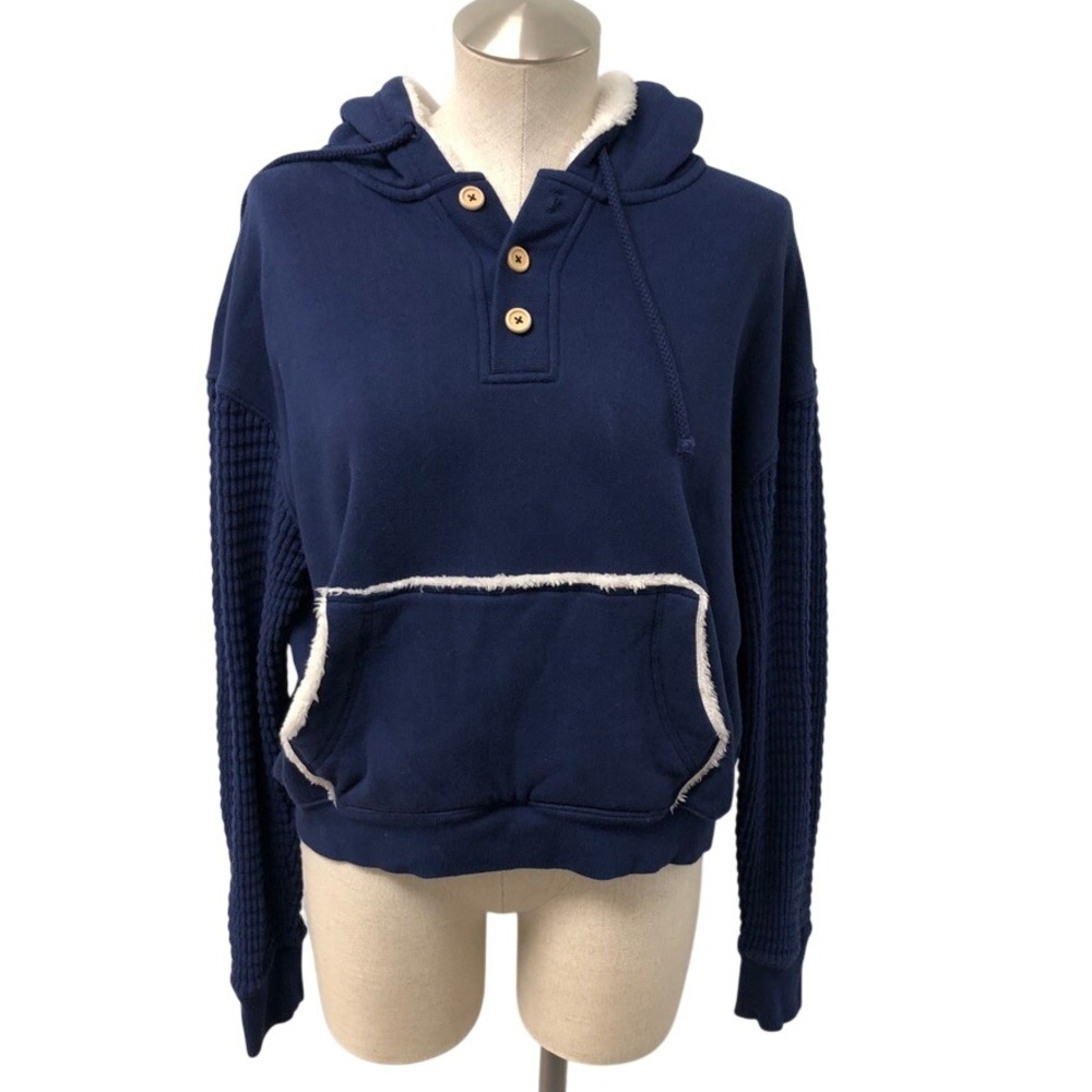Free People Hoodie Womens Medium Blue Faux Fur Waffle Knit Henley Gorpcore